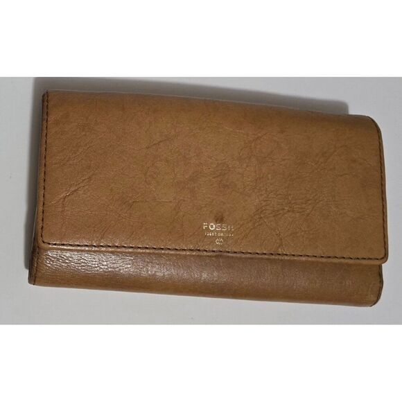 Vintage Fossil Tan Leather Wallet With Yellow Interior & Zip Closure - Picture 1 of 8